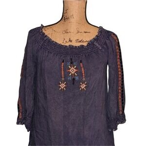 K. Frame Gray Peasant Top Embroidered Smocked Boho Blouse Size‎ Medium